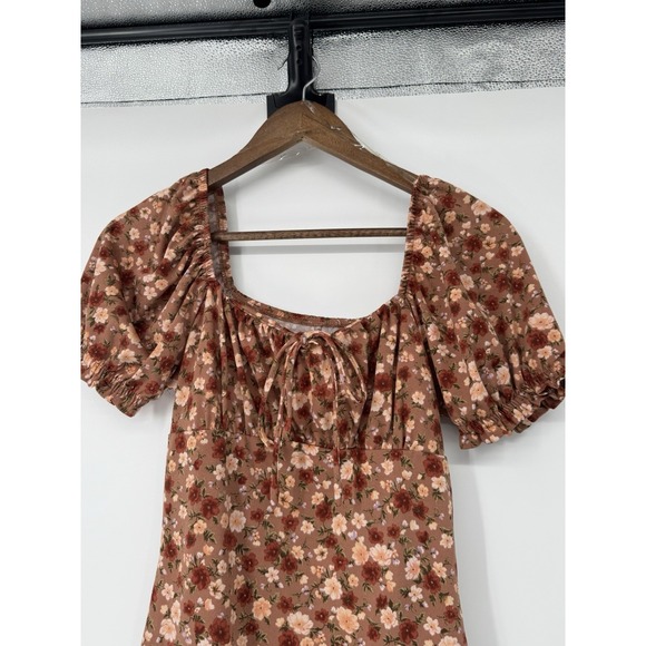 Boho Floral Milkmaid Mini Dress Small Short Sleeve Fall Stretch Bodycon Babydoll - Picture 4 of 10
